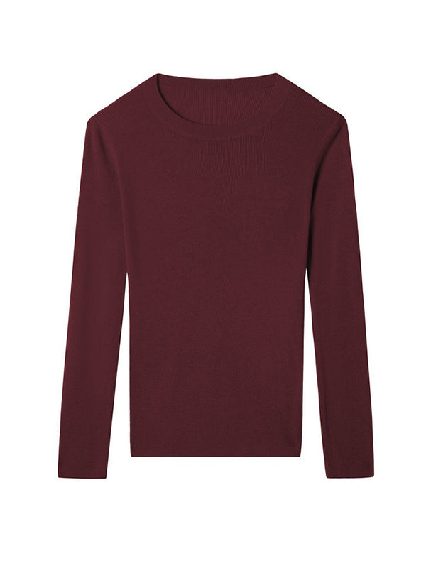 flowersverse Solid Color Long Sleeves Skinny Round-Neck Sweater Tops Pullovers Knitwear