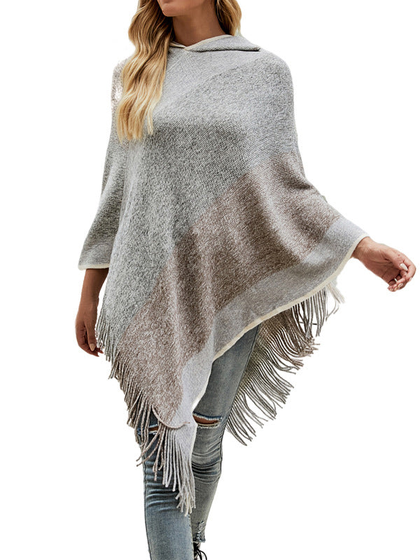 flowersverse Casual Loose Striped Tasseled Hooded Cape
