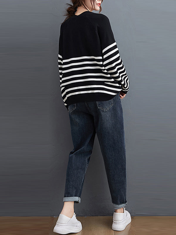 flowersverse Artistic Retro Casual Loose Striped V-Neck Long Sleeves Knitted Sweater