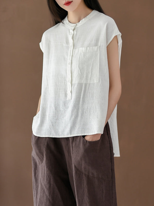 flowersverse Solid Color Cap Sleeve High-Low Stand Collar Blouses&Shirts Tops