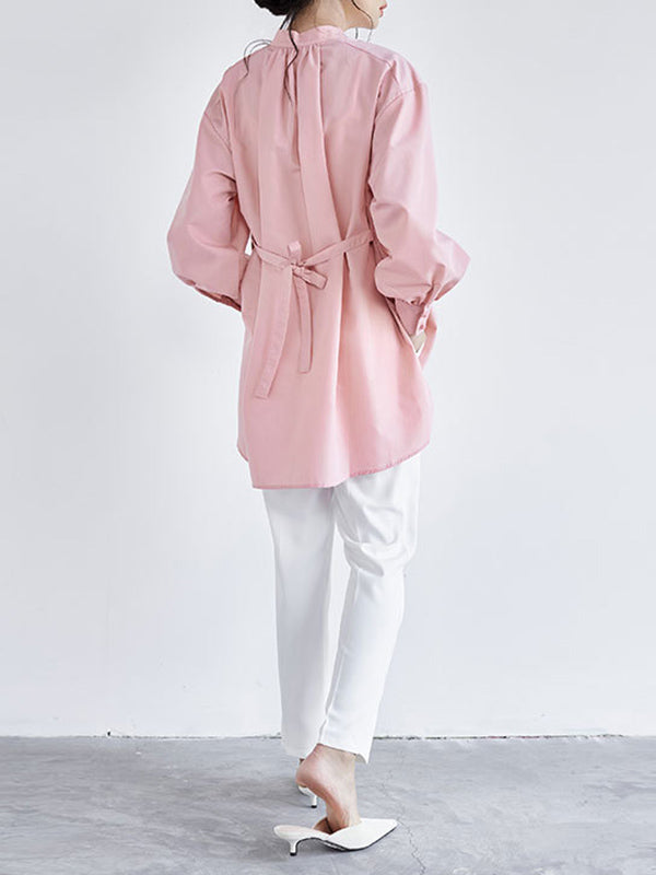 flowersverse Ribbed Solid Color High-low Long Sleeves Stand Collar Blouses&shirts Tops