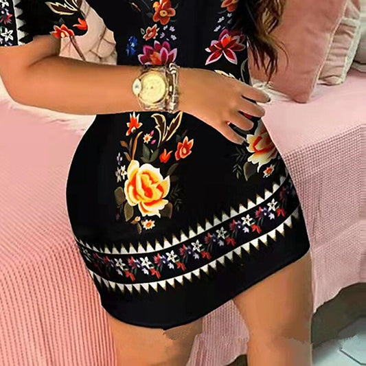 flowersverse Women's Bodycon Sheath Dress Mini Dress Black Short Sleeve Floral Print Spring Summer V Neck Stylish S M L XL XXL