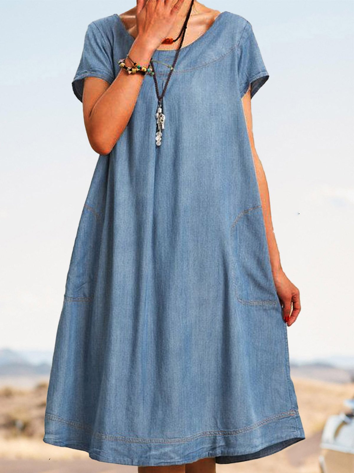 flowersverse Casual Denim A-Line Weaving Dress