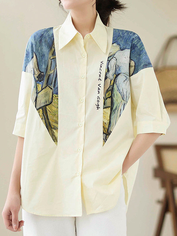 flowersverse Printed Half Sleeves Loose Lapel Blouses&shirts Tops