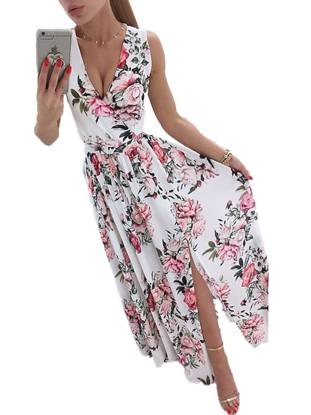 flowersverse Women's Swing Dress Maxi long Dress Blue White Pink Sleeveless Floral Print Split Print Spring Summer V Neck Elegant Vacation S M L XL XXL