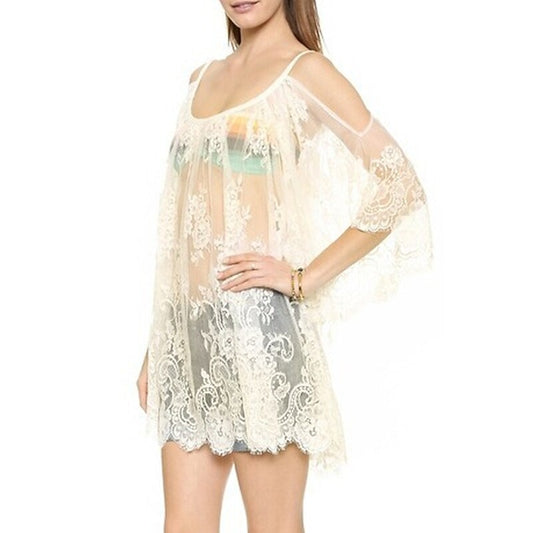 flowersverse Women's Cover Up Beach Dress Beach Wear Mini Dress Hole Basic Casual Floral Square Neck Long Sleeve Loose Fit Outdoor Daily Black White Spring Summer S M L XL