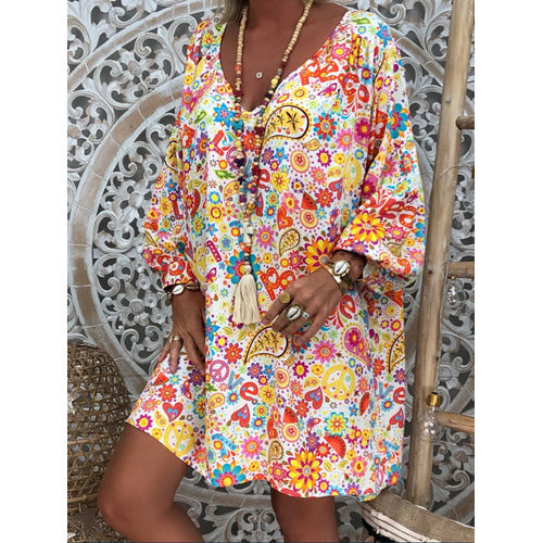 flowersverse Summer Women Boho Floral Long Sleeve Dress Holiday Beach Shirt Dress Ladies Print Mini Dress Plus Size