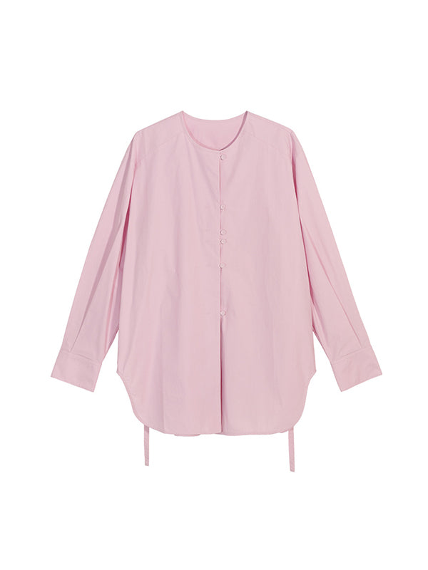 flowersverse Buttoned Solid Color Tied Long Sleeves Loose Round-Neck Blouses&Shirts Tops