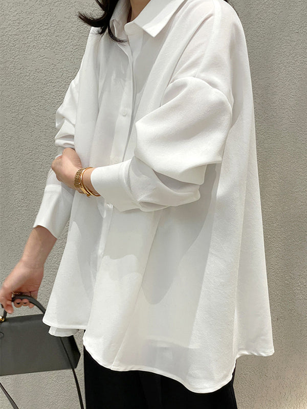 flowersverse Buttoned Solid Color Long Sleeves Loose Lapel Blouses&Shirts Tops