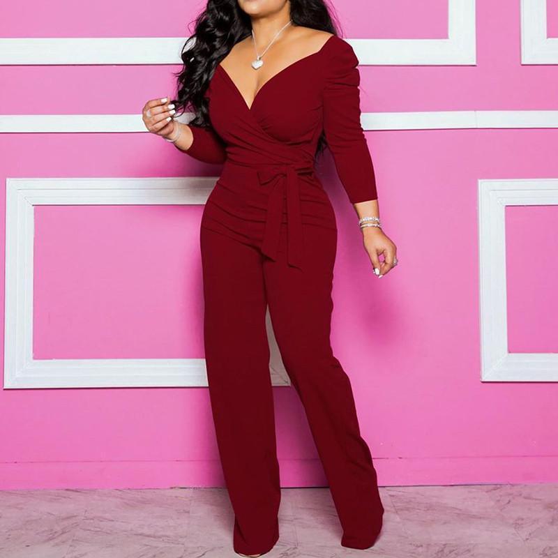 flowersverse Plus size long sleeve rompers womens jumspuit Sashes wrap wide leg pants Elegant v neck overalls for woman Solid color palysuits