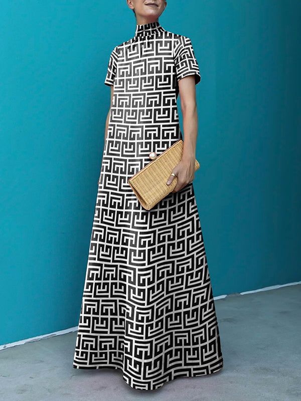 flowersverse Loose Short Sleeves Printed Stand Collar Maxi Dresses