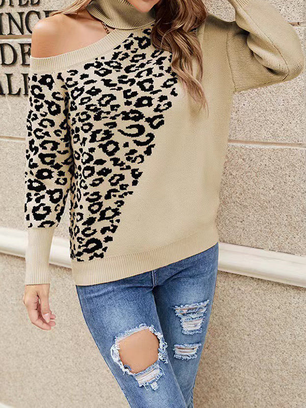 flowersverse Hollow Leopard Long Sleeves Loose High Neck Sweater Tops Pullovers Knitwear