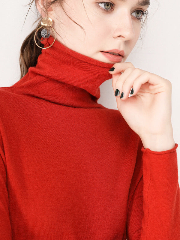 flowersverse Casual Skinny Long Sleeves Solid Color Heaps Collar Sweater Tops Pullovers