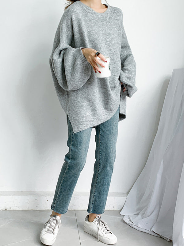 flowersverse Stretch Mohair-Blend Balloon Sleeves Loose Solid Round-Neck Sweater Tops