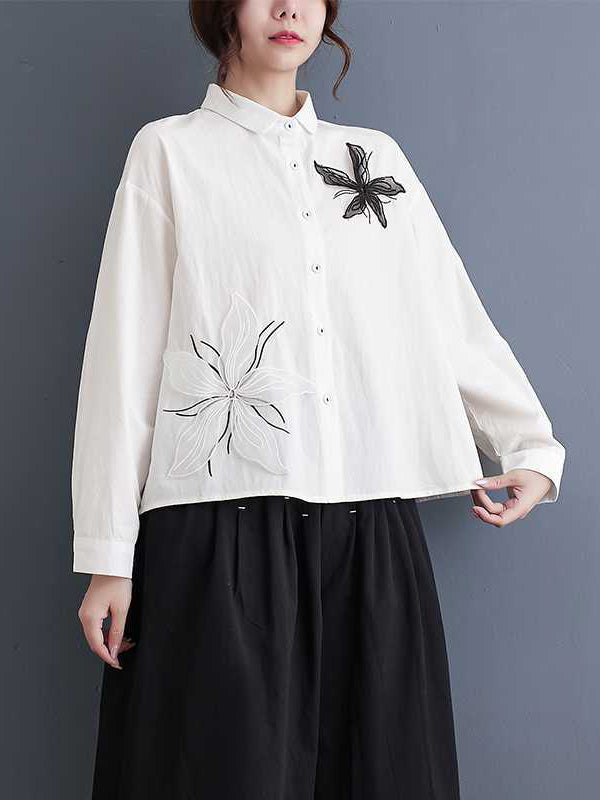 flowersverse Applique Buttoned Embroidered Long Sleeves Loose Lapel Blouses&Shirts Tops