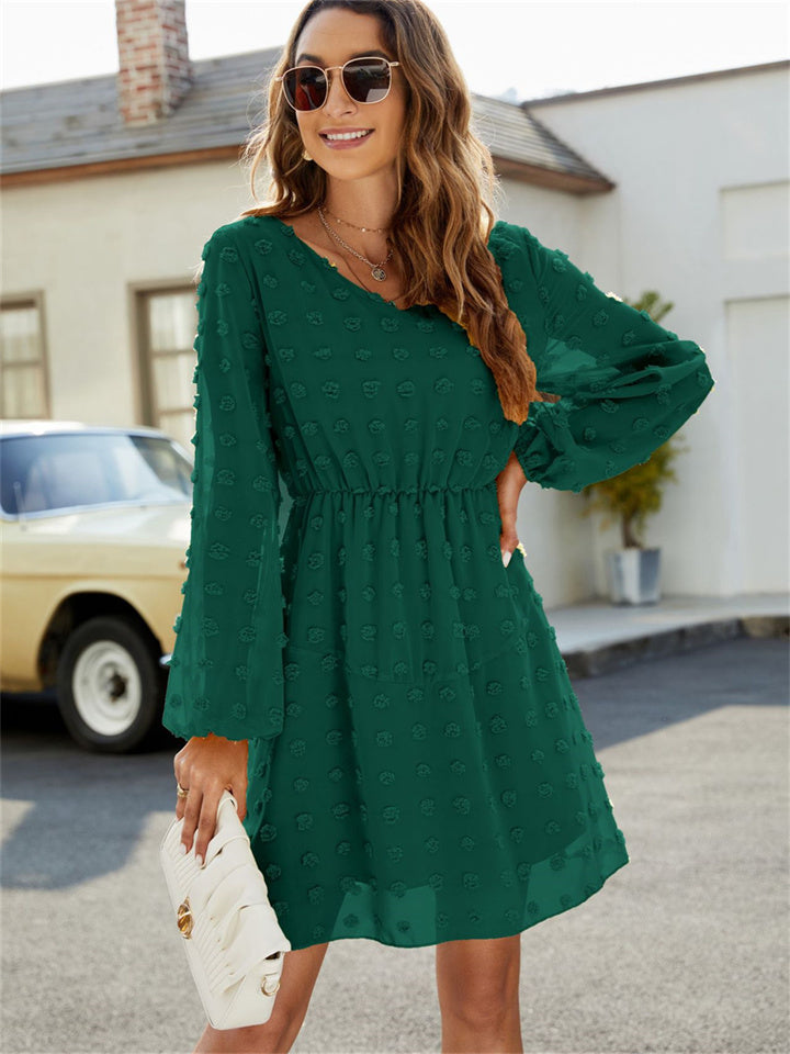 flowersverse Dot A-Line Skirt Ruffled V-Neck Casual Loose Short Dress