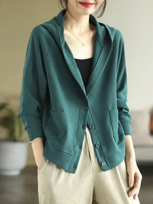 flowersverse Casual Long Sleeves Loose Buttoned Solid Color Hooded Knitting Outerwear