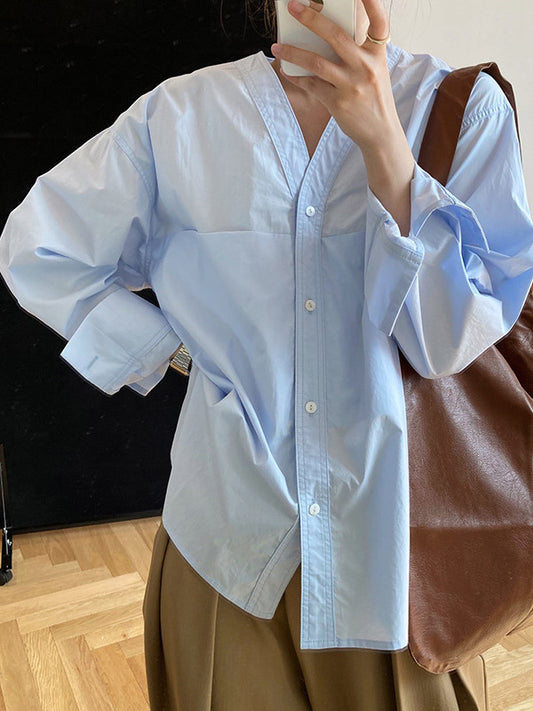 flowersverse Loose Simple V-Neck Pocket Blouses