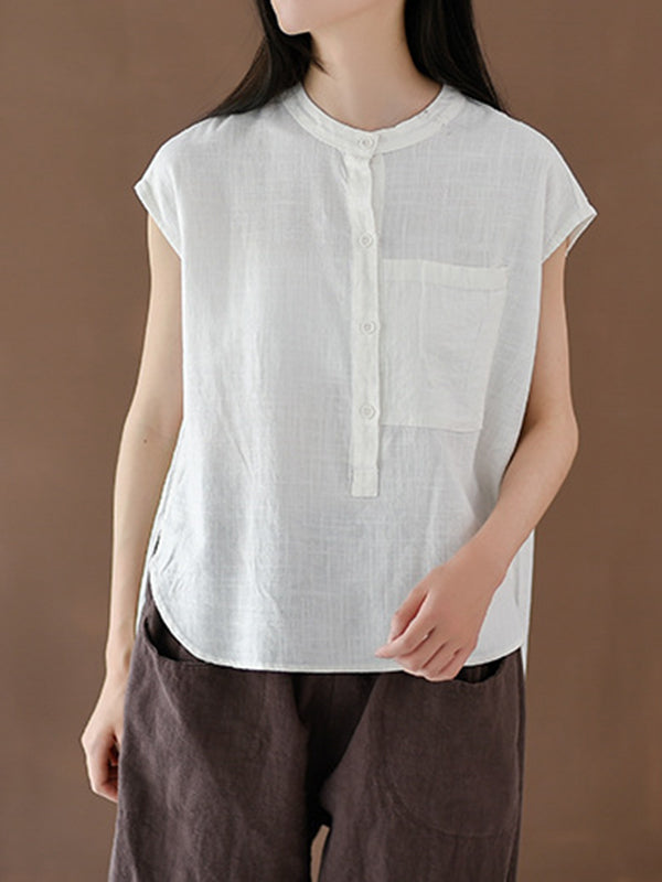 flowersverse Solid Color Cap Sleeve High-Low Stand Collar Blouses&Shirts Tops