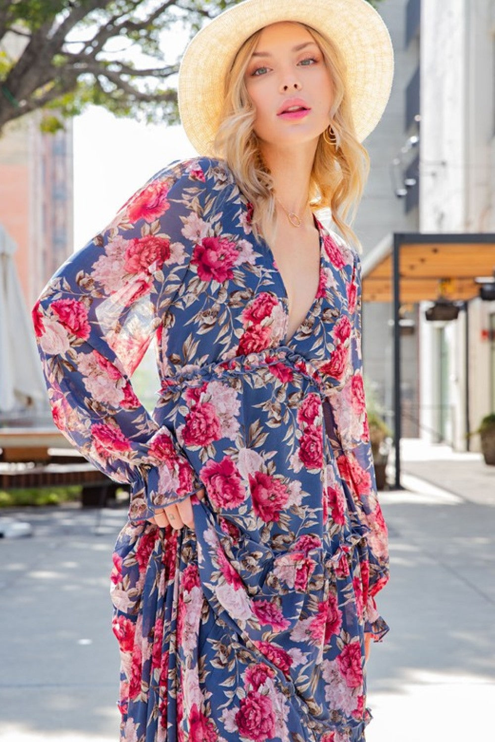 flowersverse ee:some Floral Frill Trill Deep V Maxi Dress