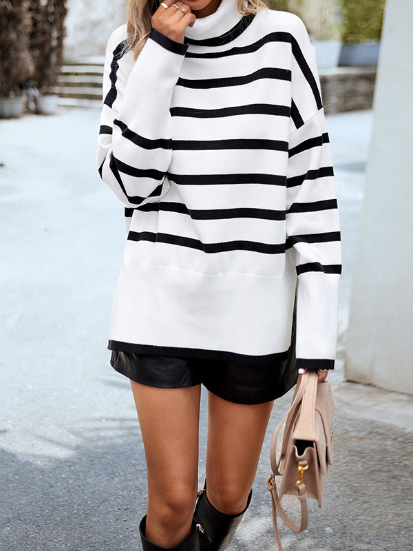 flowersverse Contrast Color Split-Side Striped Long Sleeves Loose High Neck Sweater Tops Pullovers