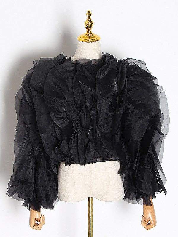 flowersverse Lace-Up Solid Color Tiered Long Sleeves Loose Round-Neck Blouses&Shirts Tops