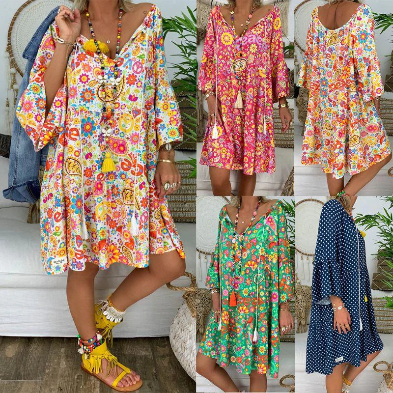 flowersverse Summer Women Boho Floral Long Sleeve Dress Holiday Beach Shirt Dress Ladies Print Mini Dress Plus Size