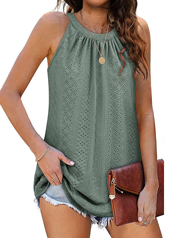 flowersverse Hollow Solid Color Loose Sleeveless Round-Neck Vest Top