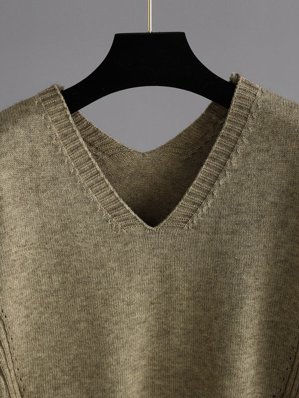 flowersverse Urban Loose Solid Color V-Neck Sweater Tops& Wide Leg Pants Suits