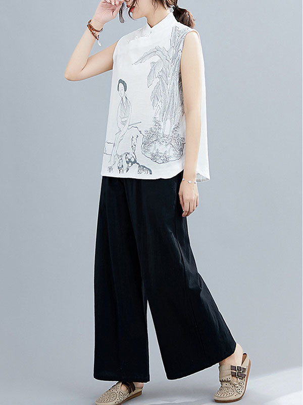 flowersverse Artistic Retro Chinese-Style Printed Buttoned Stand Collar Sleeveless Vest