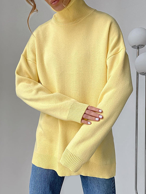flowersverse Casual Loose Long Sleeves Split-Side Solid Color High-Neck Sweater Tops