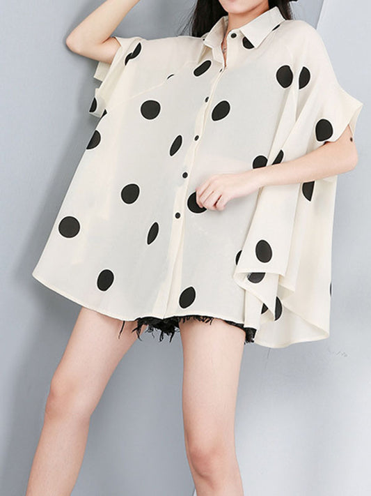 flowersverse Polka-Dot Batwing Sleeves High-Low Lapel Blouses&Shirts Tops