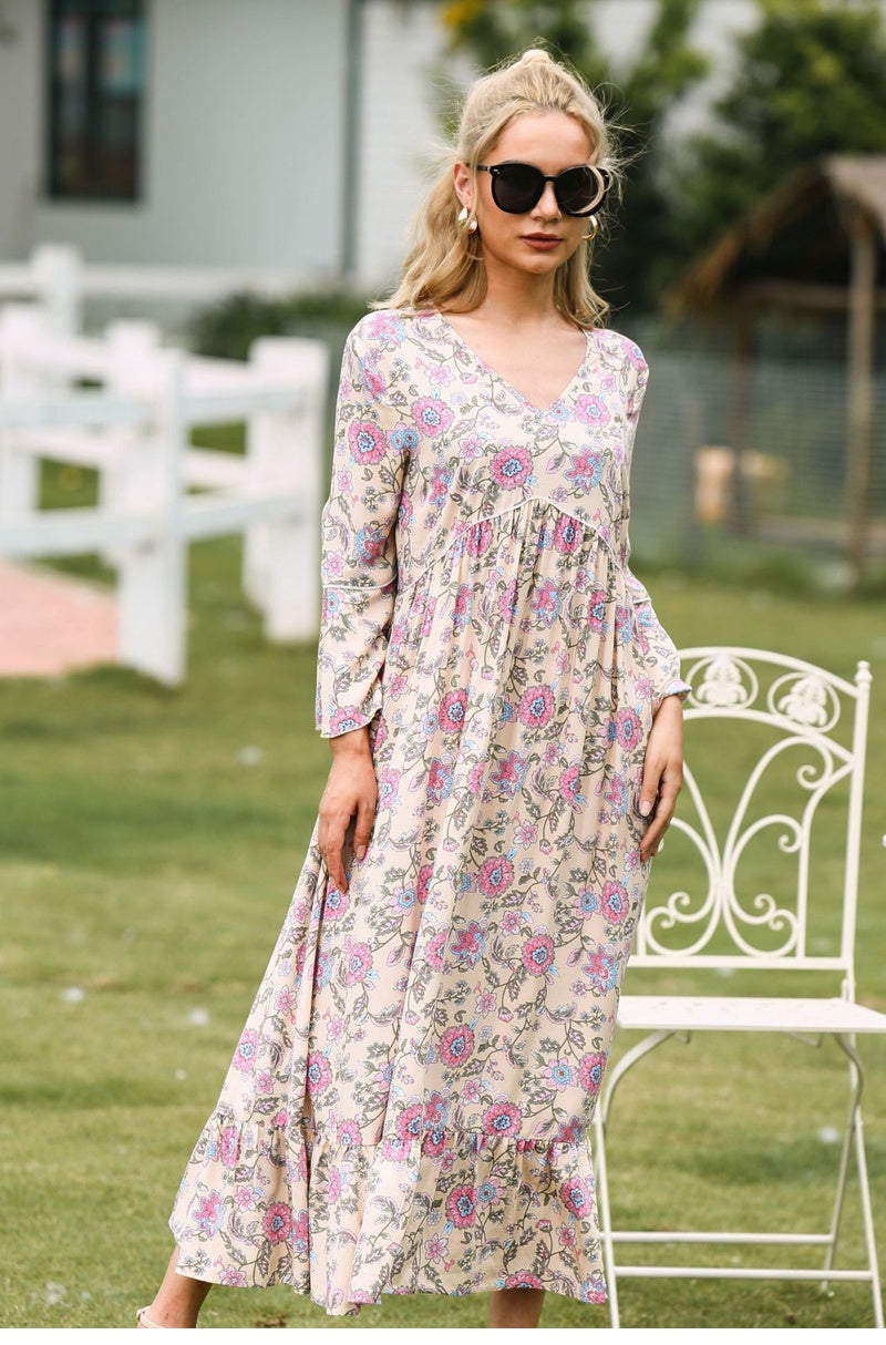flowersverse Summer Women Casual Loose Large Chiffon Long Sleeve V Neck Floral Printed Mediumn Long Dress For Fashion