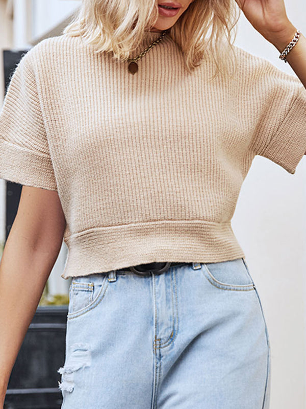 flowersverse Half Sleeves Loose Solid Color Split-Joint Round-Neck Sweater Tops T-Shirts