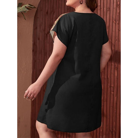 flowersverse Women's Plus Size Casual Dress A Line Dress Floral Midi Dress Short Sleeve Print V Neck Fashion Outdoor Black Spring Summer L XL XXL 3XL 4XL