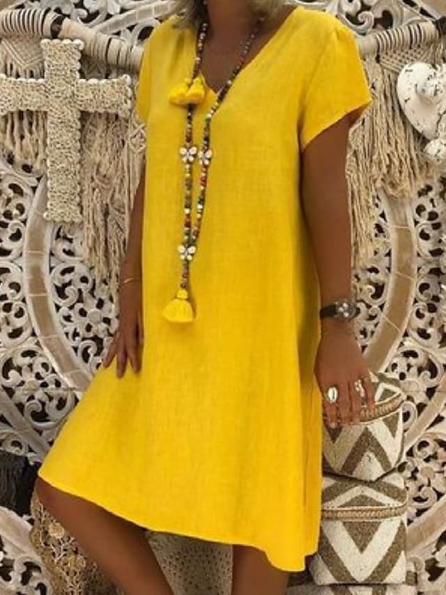 flowersverse Women's Casual Dress T Shirt Dress Tee Dress Shift Dress Midi Dress Black Yellow Pink Short Sleeve Pure Color Patchwork Spring Summer V Neck Basic Daily Vacation Summer Dress Loose Fit S M L XL
