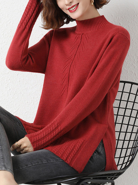 flowersverse Loose Split-Side Solid Color Half Turtleneck Sweater Tops