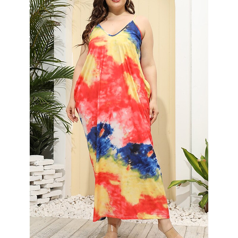 flowersverse Women's Plus Size Casual Dress Shift Dress Slip Dress Leaf Tie Dye Long Dress Maxi Dress Sleeveless Pocket Print Strap Fashion Daily Light Yellow White Spring Summer XL XXL 3XL