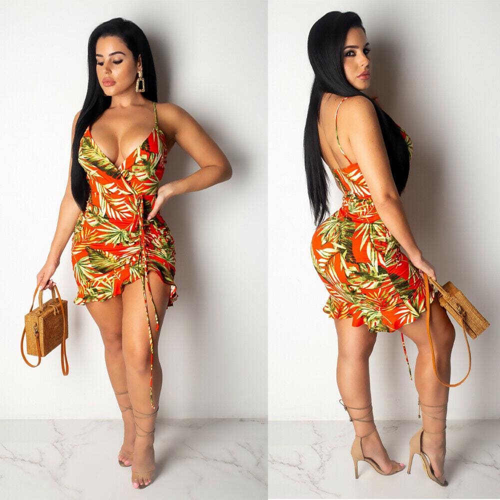 flowersverse Women Bandage Bodycon Sleeveless Evening Party Club Mini Dress Floral Print Design Beach Holiday Casual Sheath Dress