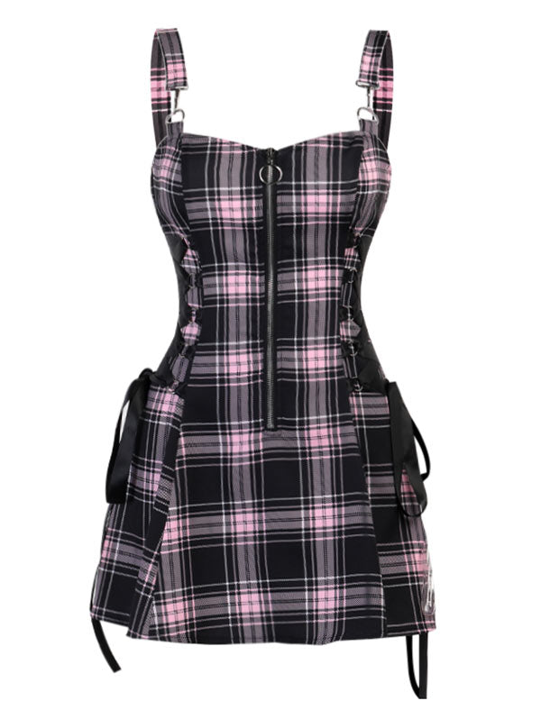 flowersverse Gothic Plaid Lace Up Half Zipper Dress A-Line Mini Daily Sexy Dresses for women Sleeveless Dresses