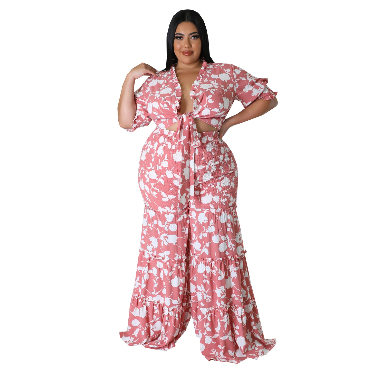 flowersverse Women's Lace-Up Printed Two-Piece Suit Wide Leg Pants Plus Size