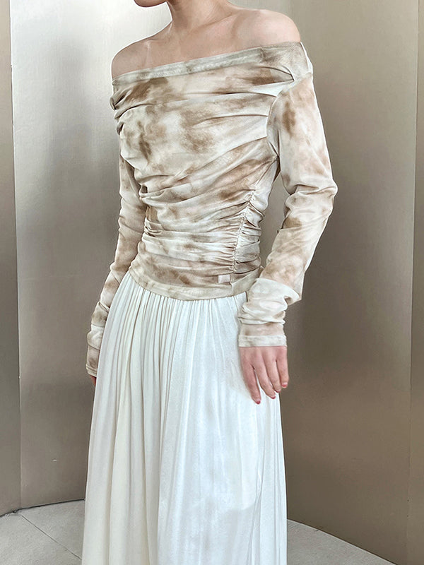 flowersverse Gauze Pleated Split-Joint Tie-Dyed Skinny Sun-Protection Off-The-Shoulder Blouses&Shirts Tops