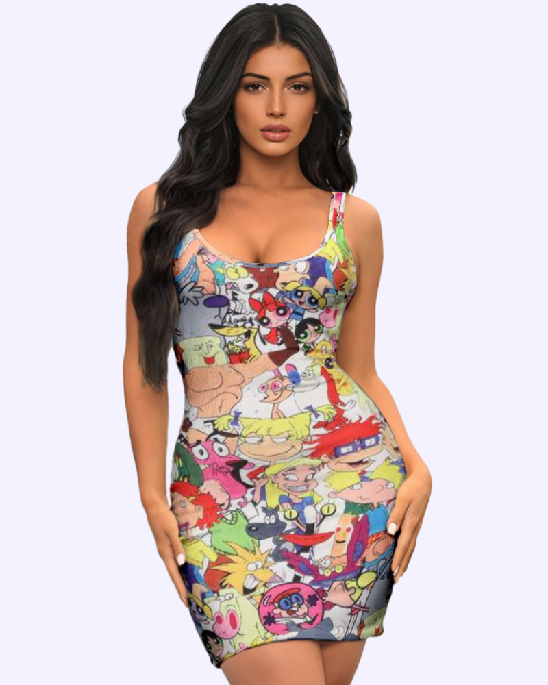flowersverse Cartoon Print Square Neck Bodycon Dress