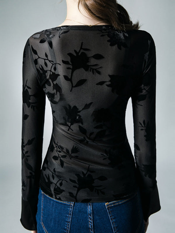 flowersverse Asymmetric Buttoned Flower Print Mesh See-Through Flared Sleeves Long Sleeves V-neck Blouses&shirts Tops