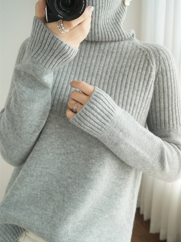 flowersverse Casual Long Sleeves Loose Solid Color High-Neck Sweater Tops