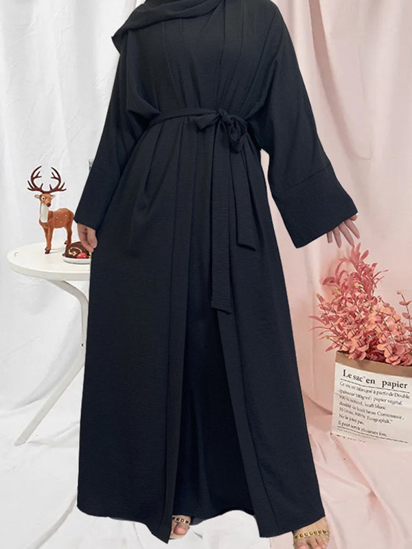 flowersverse Long Sleeves Loose Solid Color Inner Dress + Tied Waist Outerwear Two Pieces Set