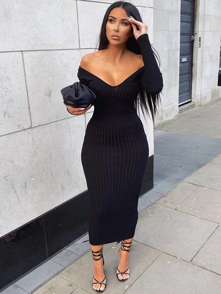 flowersverse Ribbed Knit Solid Color Long Sleeve Bodycon Dresses