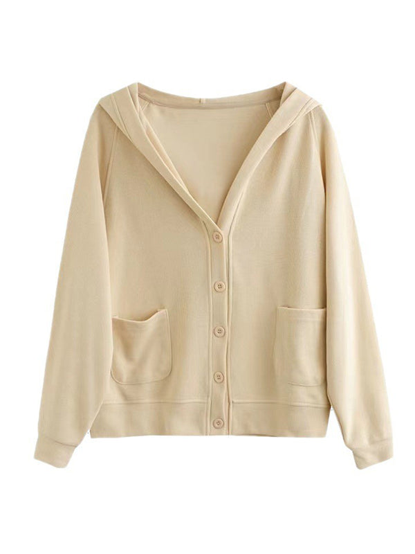 flowersverse Casual Long Sleeves Loose Buttoned Solid Color Hooded Knitting Outerwear