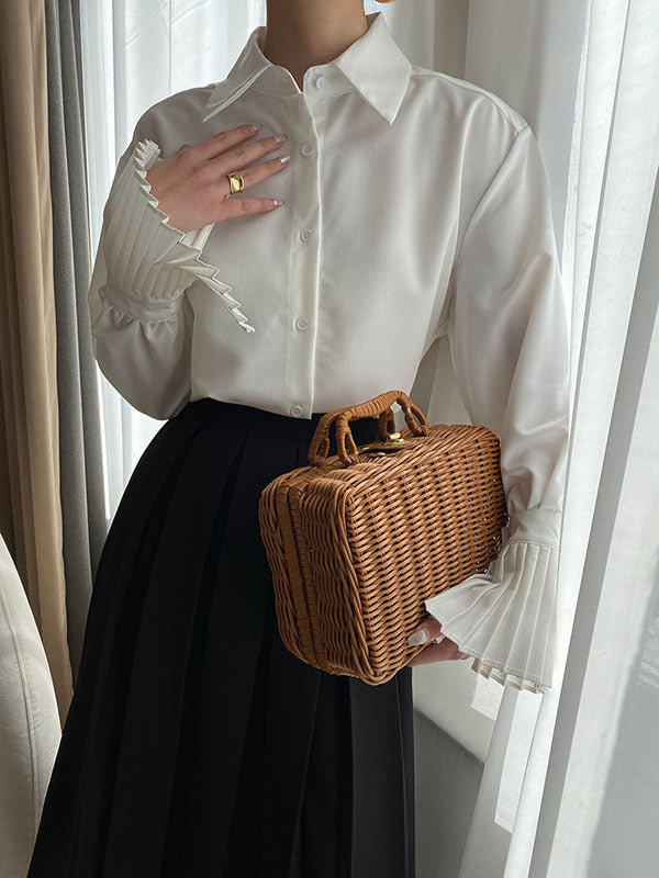 flowersverse Solid Color Flared Sleeves Lapel Blouses&Shirts Tops