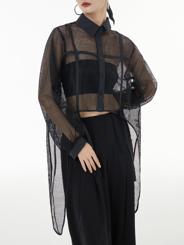 flowersverse Stylish Long Sleeves Loose Mesh See-Through Sun Protection Blouses&Shirts Tops